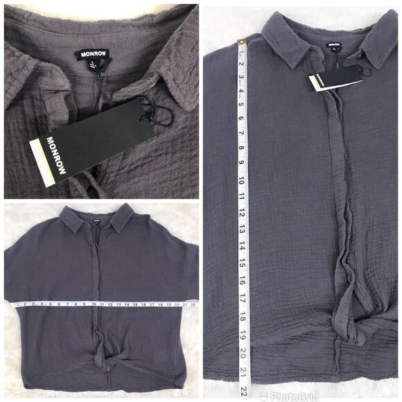 MONROW Relaxed Cotton Gauze Button Down Shirt Twist Front Gray Size Large - Picture 9 of 11